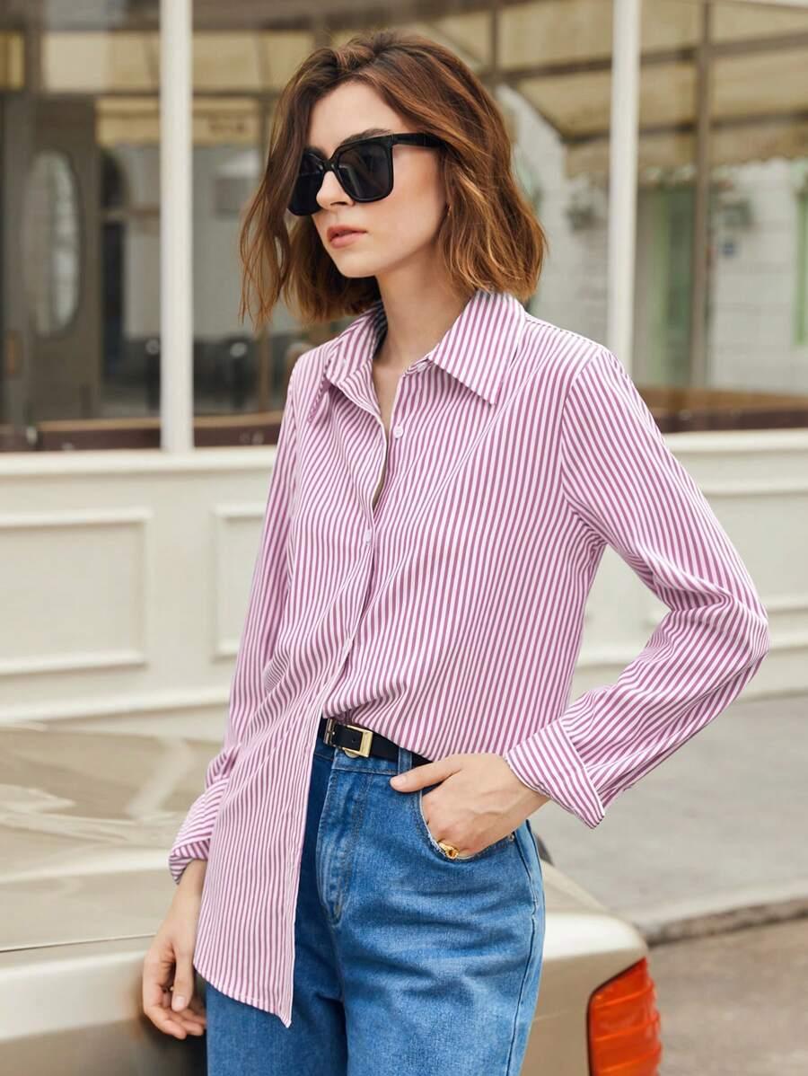 Front Button-Down Long Sleeve Shirt Versatile Elegant Chic