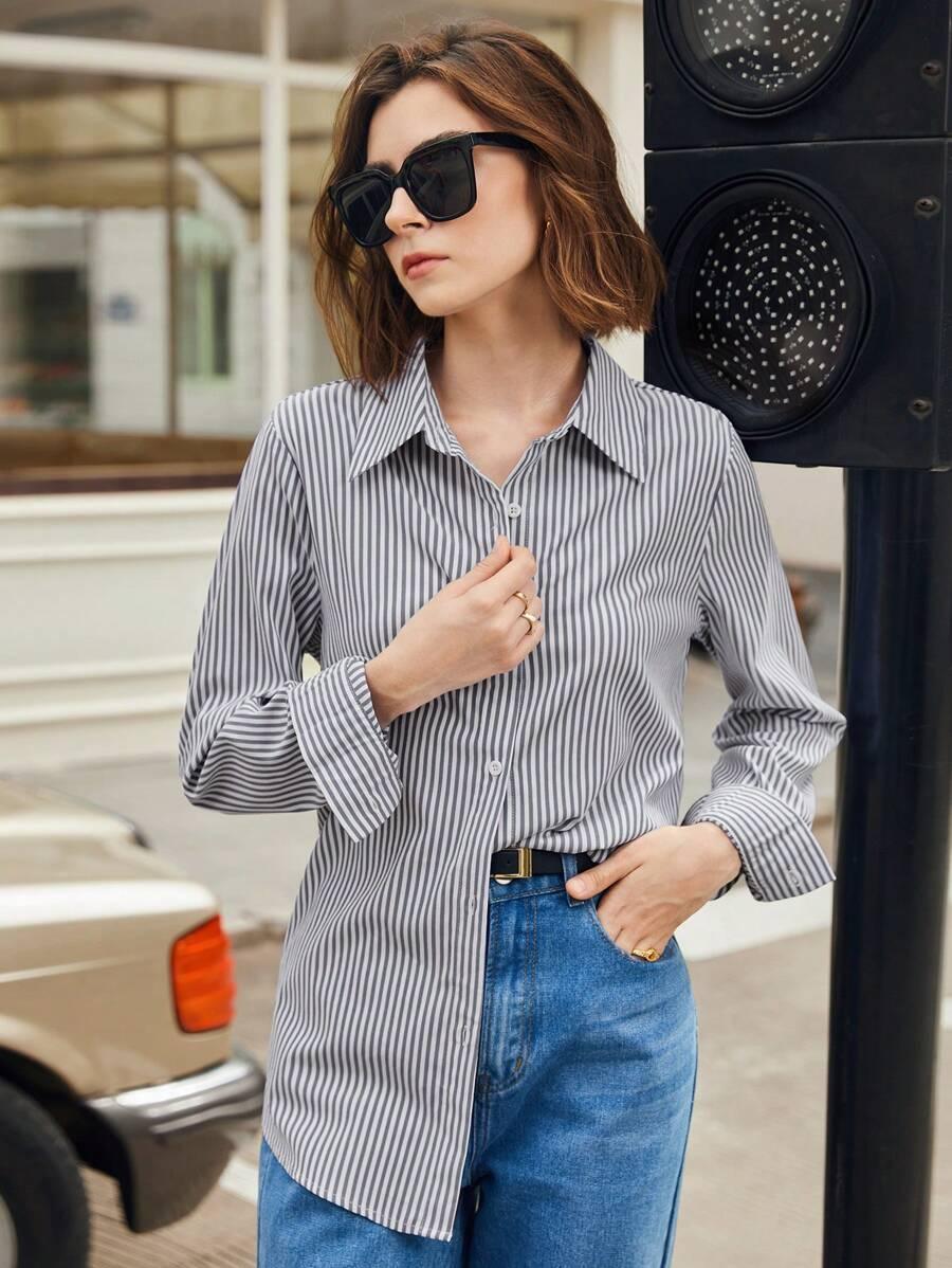 Front Button-Down Long Sleeve Shirt Versatile Elegant Chic