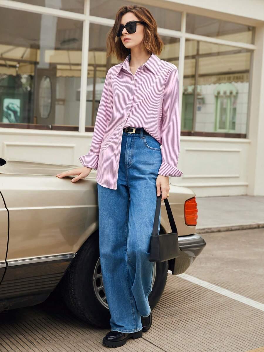 Front Button-Down Long Sleeve Shirt Versatile Elegant Chic