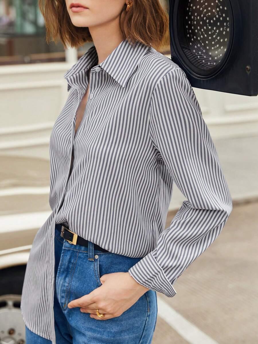 Front Button-Down Long Sleeve Shirt Versatile Elegant Chic