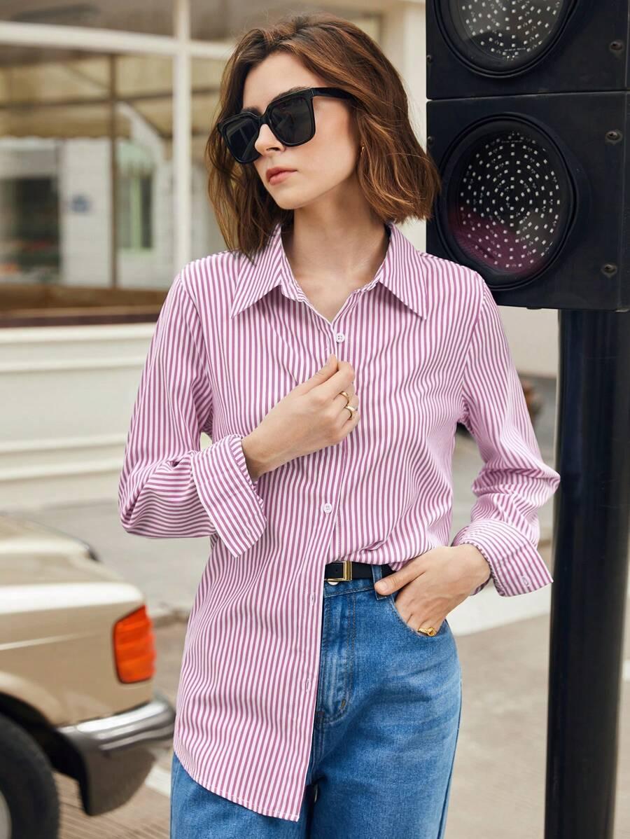 Front Button-Down Long Sleeve Shirt Versatile Elegant Chic