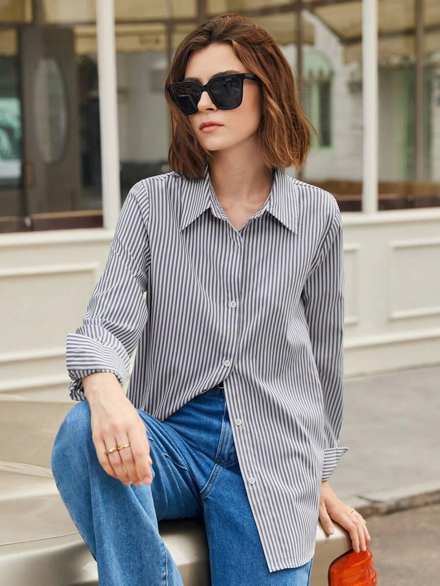 Front Button-Down Long Sleeve Shirt Versatile Elegant Chic