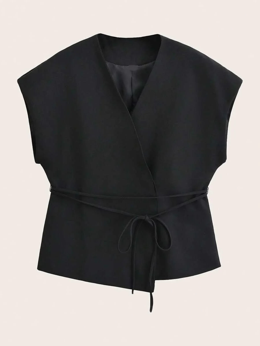 Solid Color Cross Belt Vest Top With Lace Up V Neck Batwing Sleeve Casual Spring Autumn