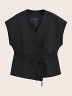 Solid Color Cross Belt Vest Top With Lace Up V Neck Batwing Sleeve Casual Spring Autumn