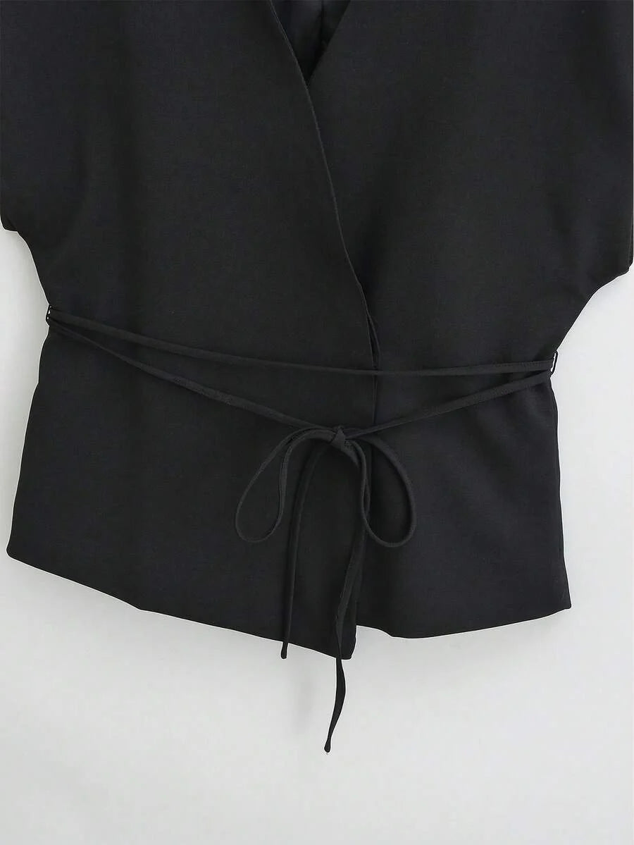 Solid Color Cross Belt Vest Top With Lace Up V Neck Batwing Sleeve Casual Spring Autumn
