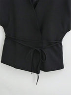 Solid Color Cross Belt Vest Top With Lace Up V Neck Batwing Sleeve Casual Spring Autumn