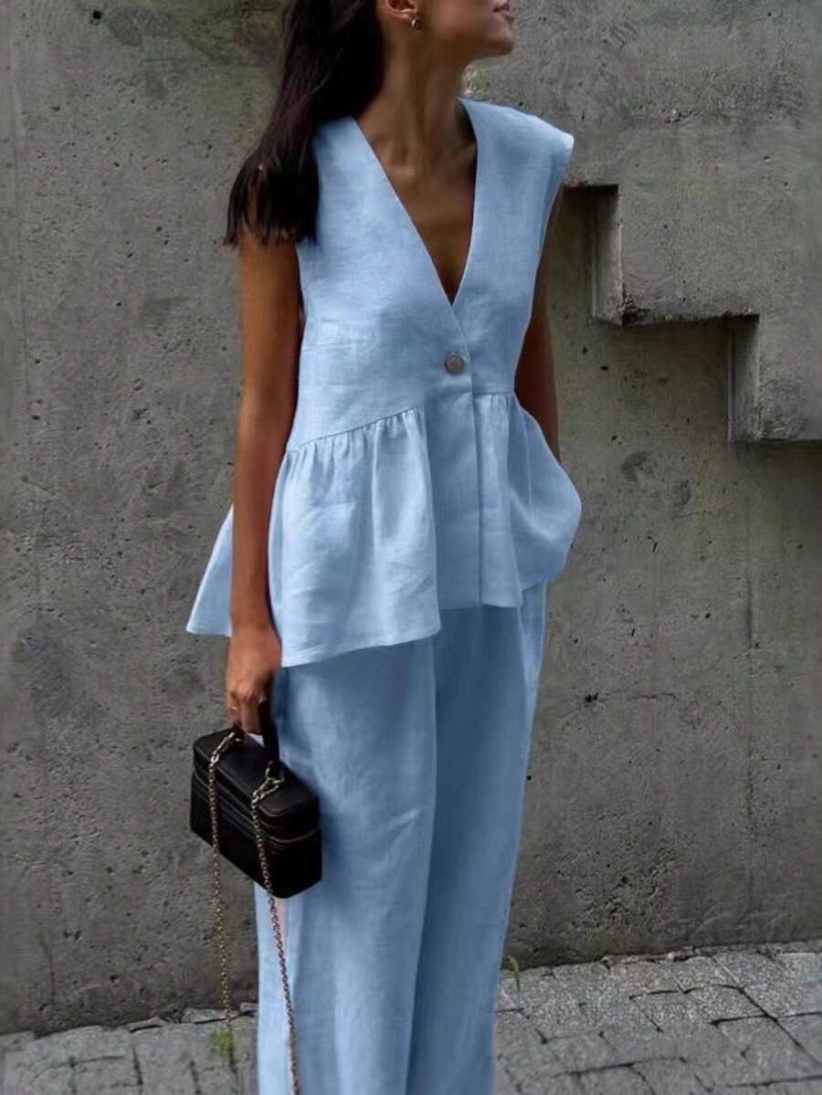 Frill Neck Deep V Two Piece Set