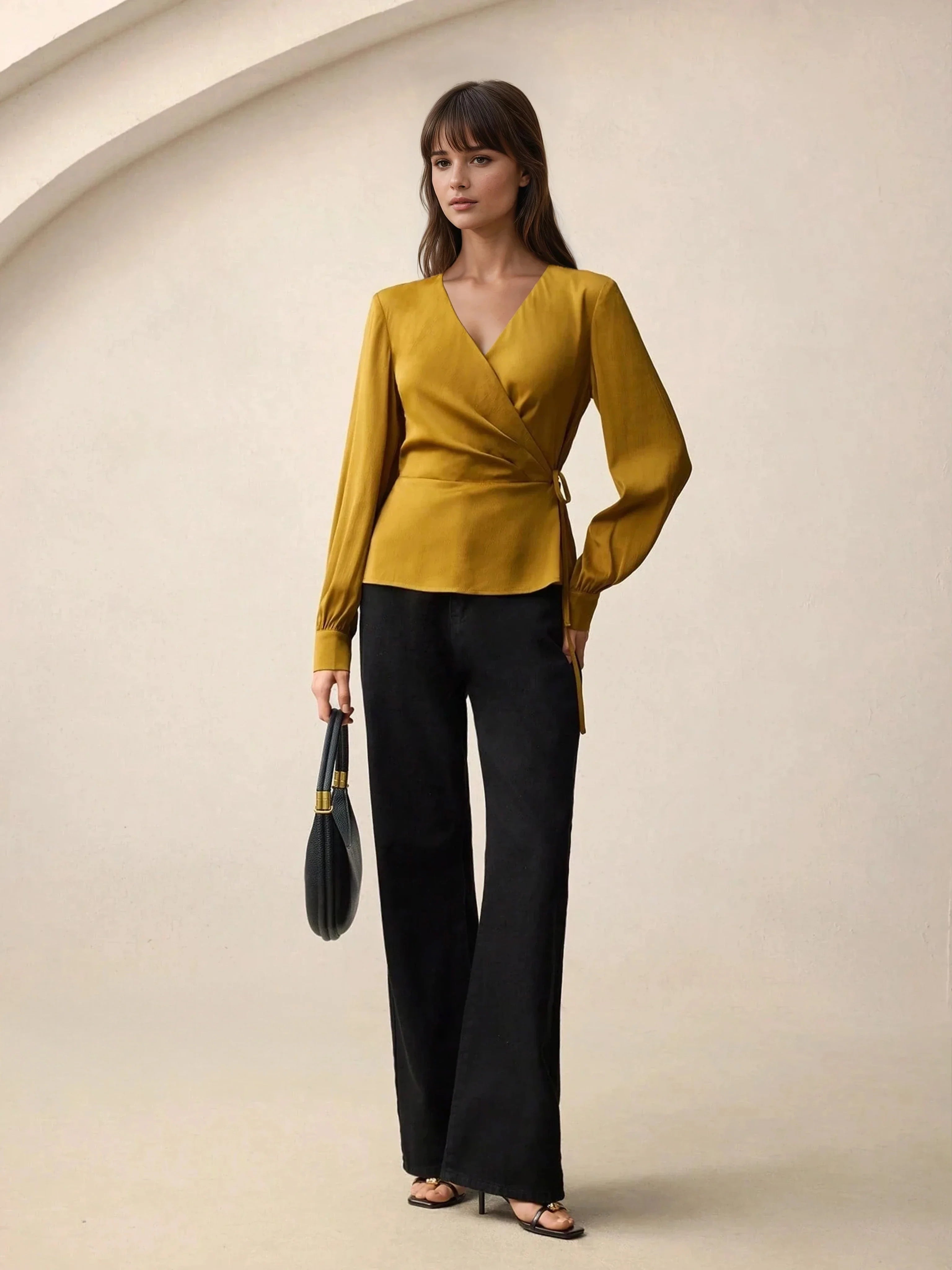 Satin Blouse With Tie Waist Peplum V Neck Long Sleeve