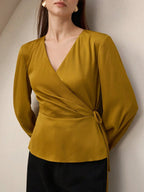 Satin Blouse With Tie Waist Peplum V Neck Long Sleeve