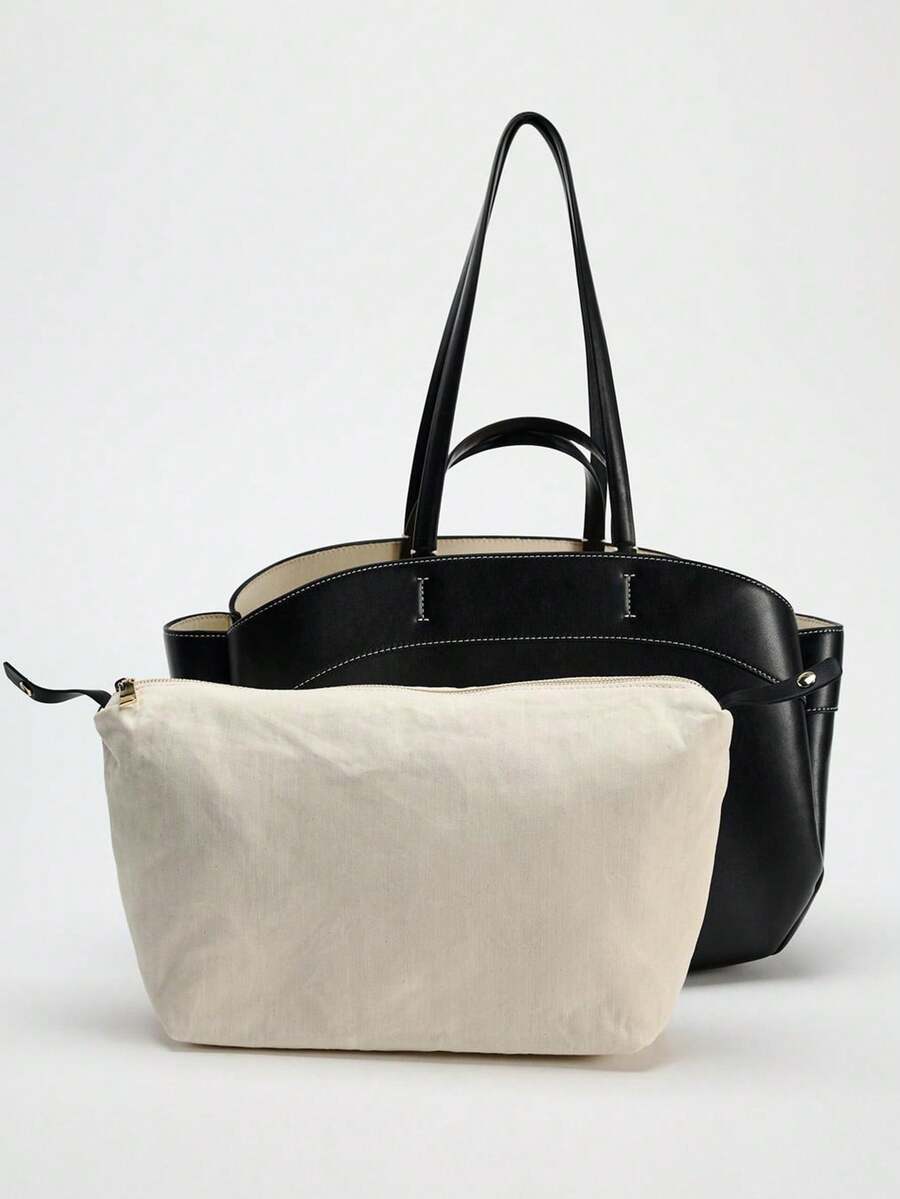 Pleated PU Tote Bag Large Capacity With Double Handles
