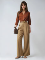 Satin V Neck Top Three Quarter Sleeves Casual Style