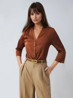 Satin V Neck Top Three Quarter Sleeves Casual Style