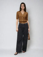 Chic V Neck Knit Sweater With Button Front Short Sleeve