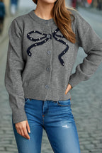 Solid Bow Jacquard Round Cardigan