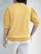 Plus Size V Neck Puff Sleeve Solid Knit Pullover Sweater