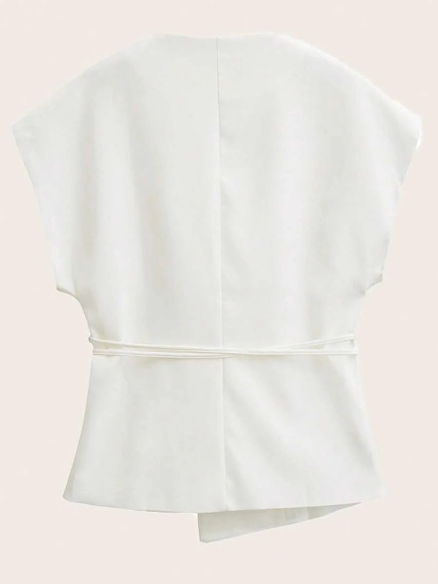 Solid Color Cross Belt Vest Top With Lace Up V Neck Batwing Sleeve Casual Spring Autumn