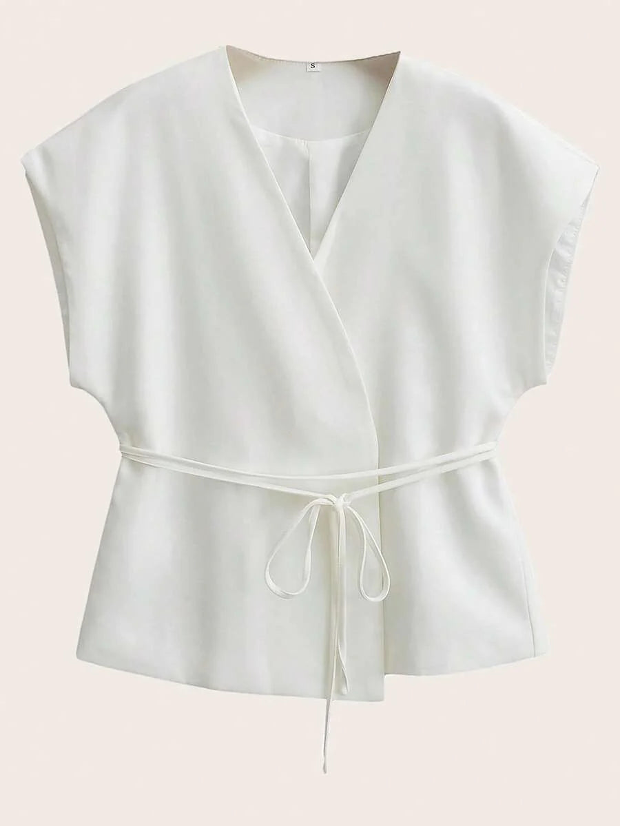 Solid Color Cross Belt Vest Top With Lace Up V Neck Batwing Sleeve Casual Spring Autumn