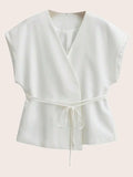 Solid Color Cross Belt Vest Top With Lace Up V Neck Batwing Sleeve Casual Spring Autumn