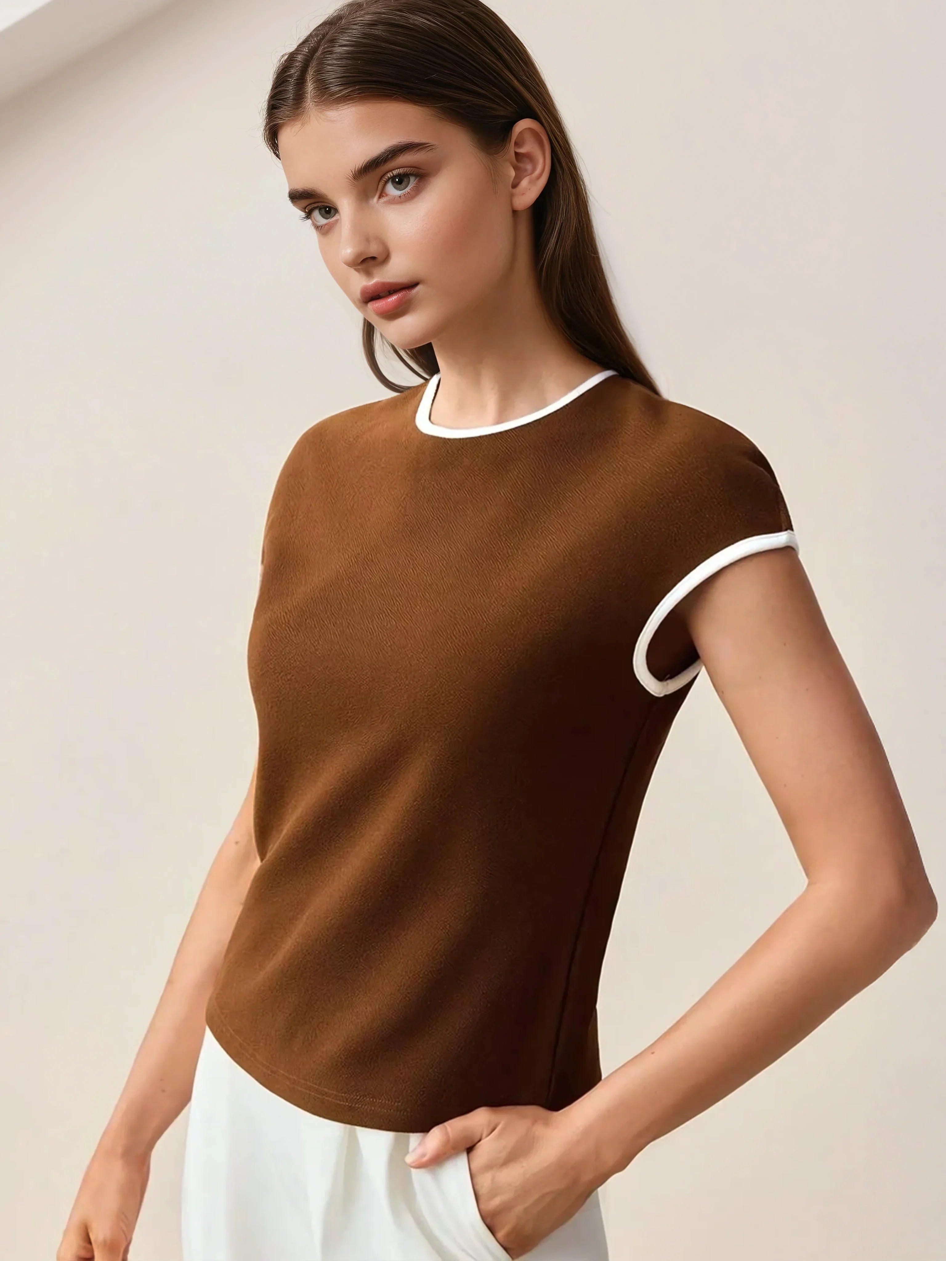 Contrast Trim Round Neck Short Sleeve Tee All Day Comfort