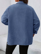 Plus Size Corduroy Shacket Single Breasted Blue Long Sleeve
