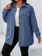 Plus Size Corduroy Shacket Single Breasted Blue Long Sleeve
