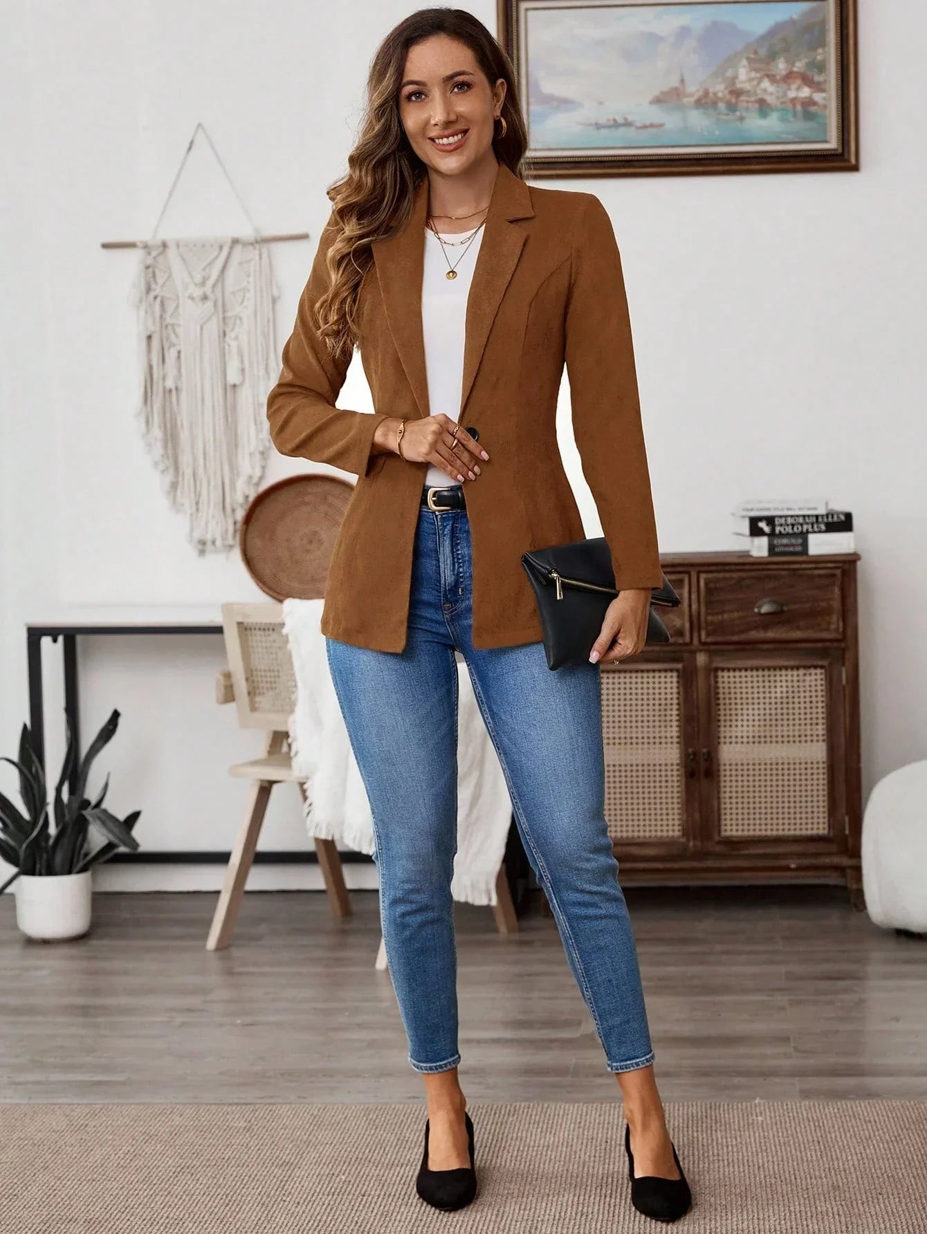 Mocha Brown Lapel Blazer With Woven Fabric And Rib Knit