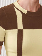 Two Tone Knit Top Short Sleeve Casual Effortless Style