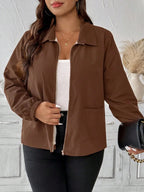 Plus Size Fleece Lined Zip Front Casual Jacket With Pockets