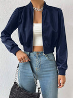 Solid Zip Up Crop Bomber Jacket With Baseball Collar