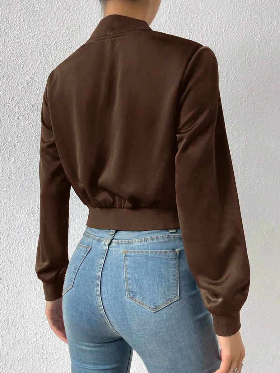 Solid Zip Up Crop Bomber Jacket With Baseball Collar
