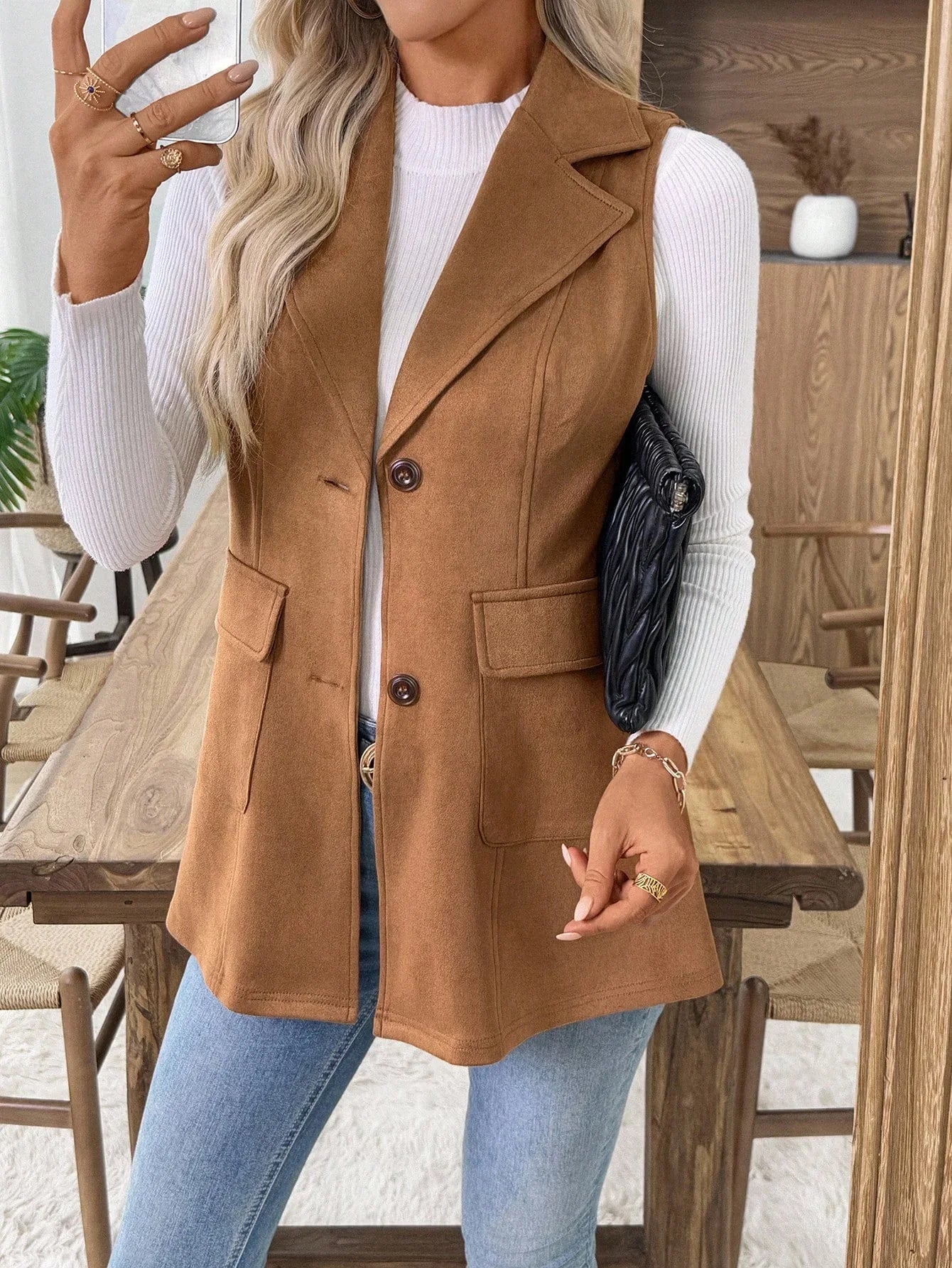 Sleeveless Lapel Neck Vest Blazer Slim Fit With Pockets