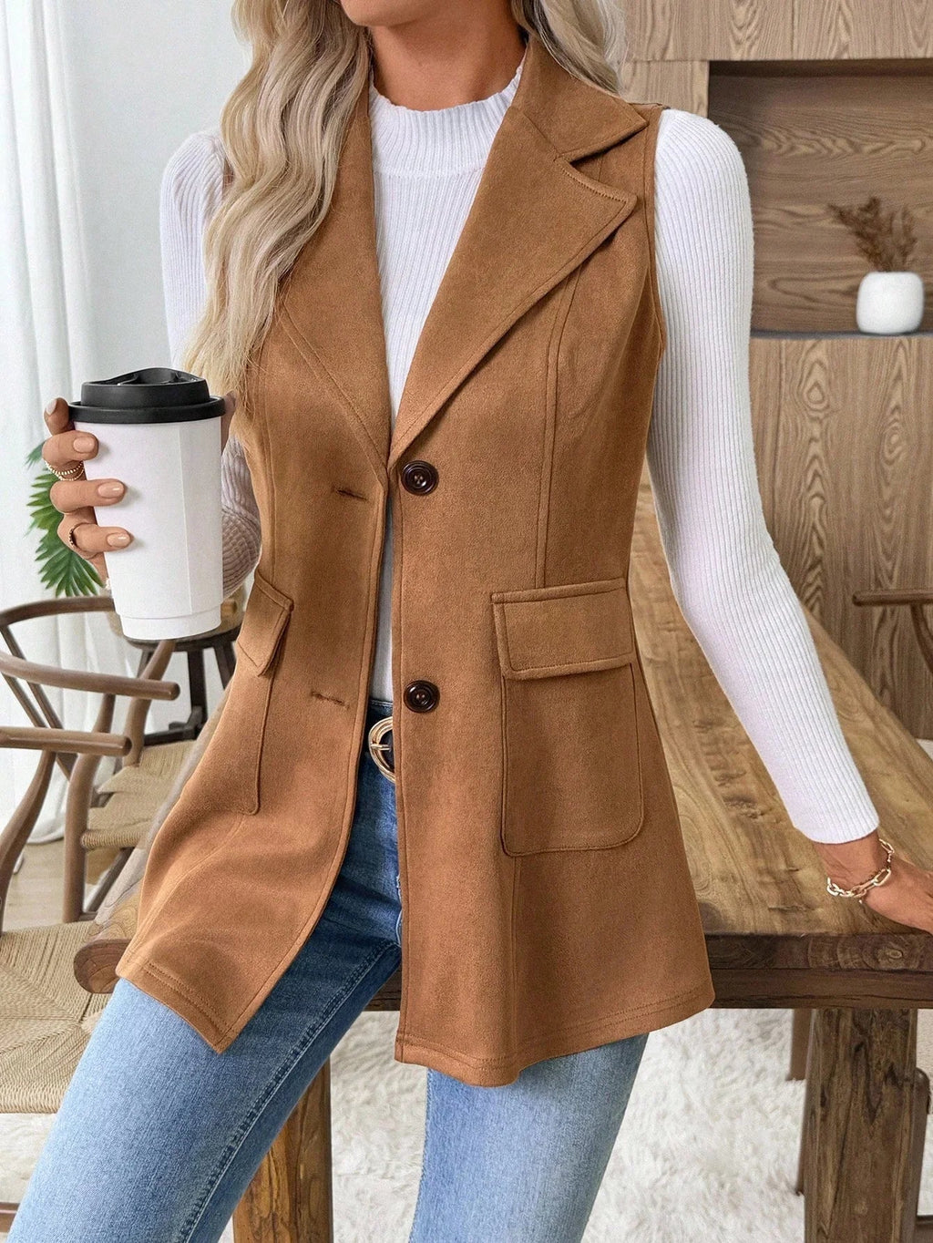 Sleeveless Lapel Neck Vest Blazer Slim Fit With Pockets