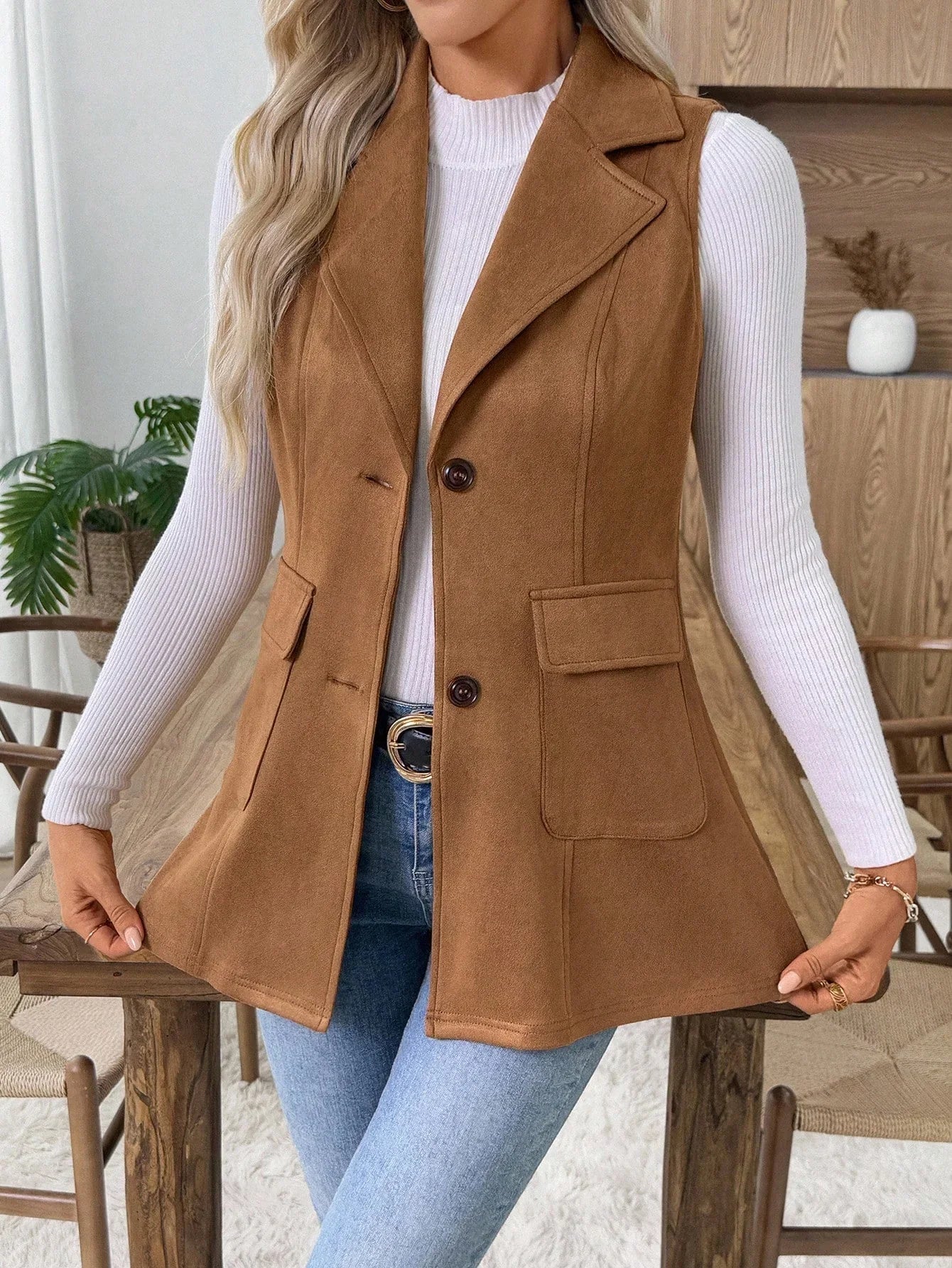 Sleeveless Lapel Neck Vest Blazer Slim Fit With Pockets