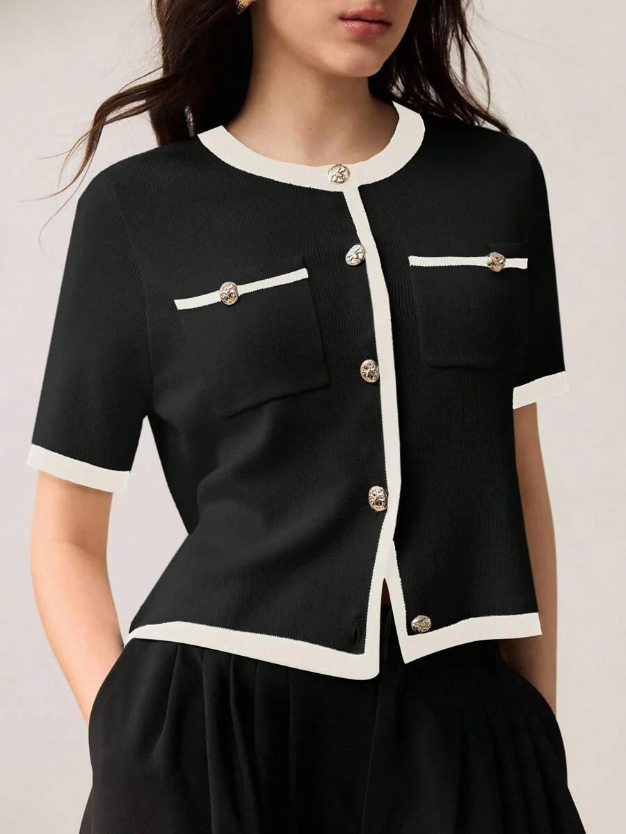 Block Knit Top Lined For Warmth With Metal Buttons Casual