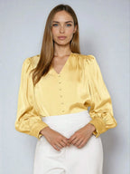 Satin V Neck Bubble Sleeve Blouse For Elegant Style
