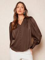 V Neck Satin Blouse Office Ready Elegant Chic Casual Top