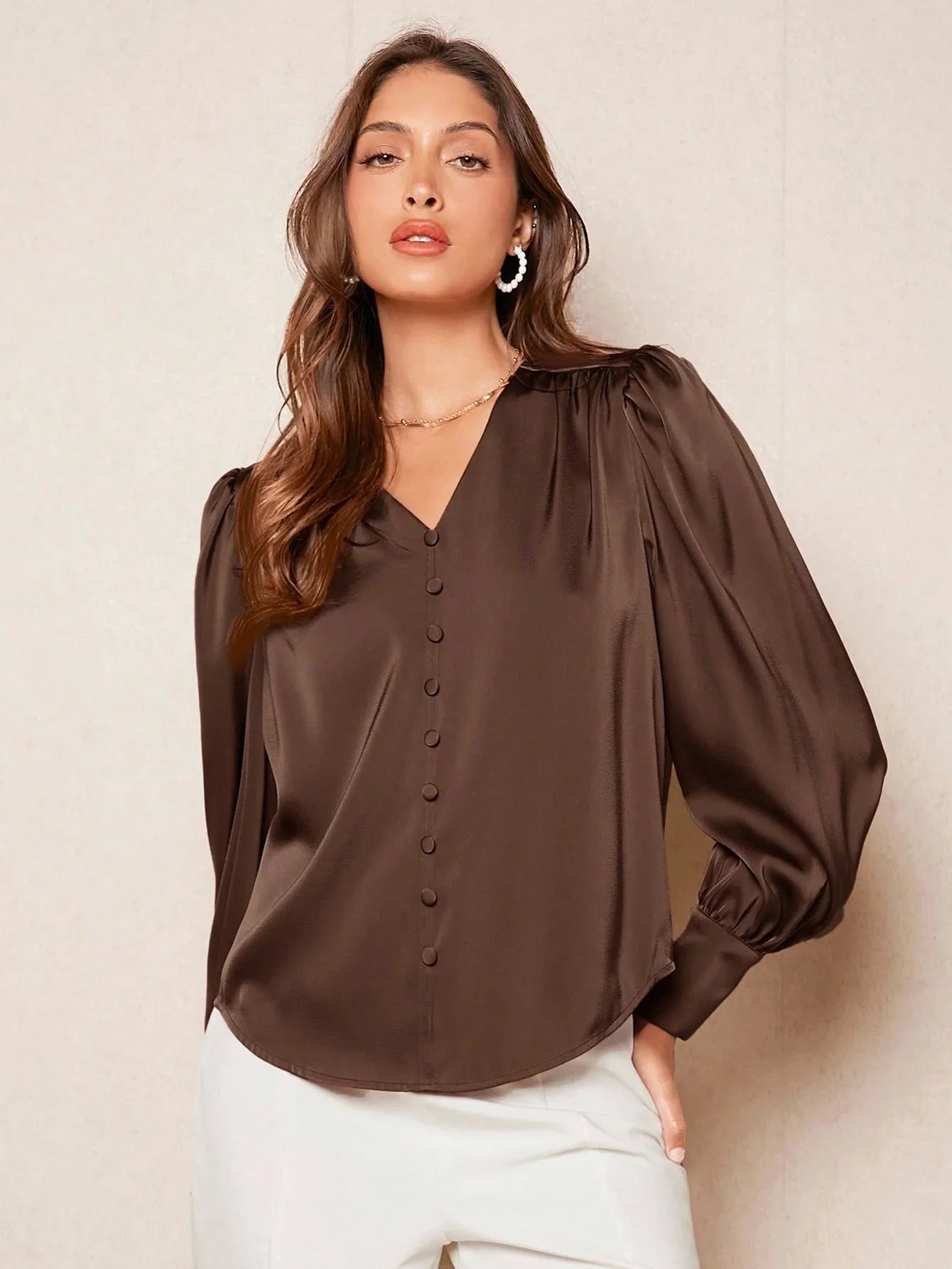 V Neck Satin Blouse Office Ready Elegant Chic Casual Top