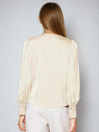 Satin V Neck Bubble Sleeve Blouse For Elegant Style