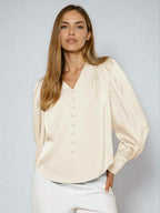 Satin V Neck Bubble Sleeve Blouse For Elegant Style