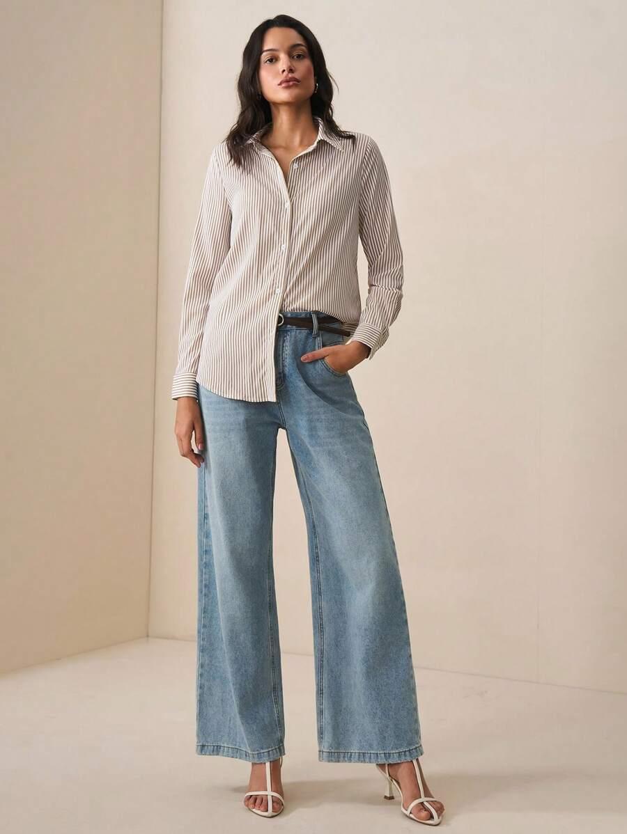 Front Button-Down Long Sleeve Shirt Versatile Elegant Chic