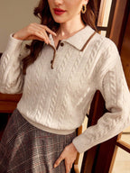 Apricot Colorblock Polo Collar Cable Knit Pullover For Women With Drop Shoulder Detail
