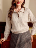Apricot Colorblock Polo Collar Cable Knit Pullover For Women With Drop Shoulder Detail