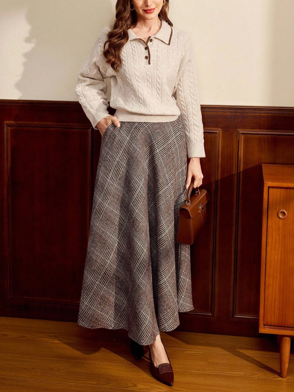 Apricot Colorblock Polo Collar Cable Knit Pullover For Women With Drop Shoulder Detail