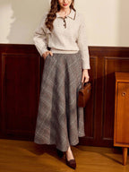 Apricot Colorblock Polo Collar Cable Knit Pullover For Women With Drop Shoulder Detail