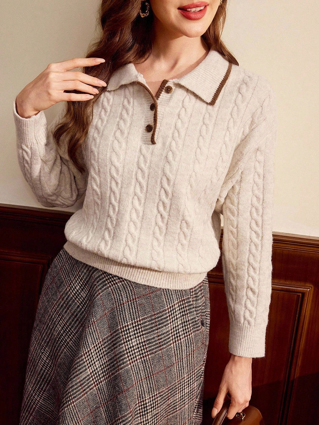 Apricot Colorblock Polo Collar Cable Knit Pullover For Women With Drop Shoulder Detail