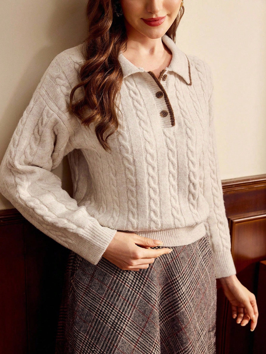 Apricot Colorblock Polo Collar Cable Knit Pullover For Women With Drop Shoulder Detail