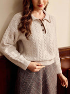 Apricot Colorblock Polo Collar Cable Knit Pullover For Women With Drop Shoulder Detail
