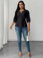 Plus Size Collared Blouse With Ruched Waist Elegant Fit