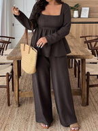 Plus Size Army Green Square Neck Two Piece Set Comfort