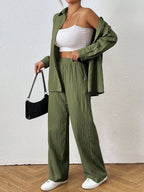 Petite Black Two Piece Office Set Blouse And Pants With Single Breasted Button Front